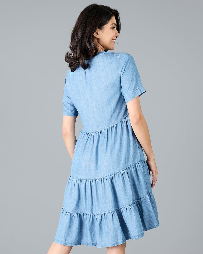 Woman in a short sleeve, knee-length chambray dress