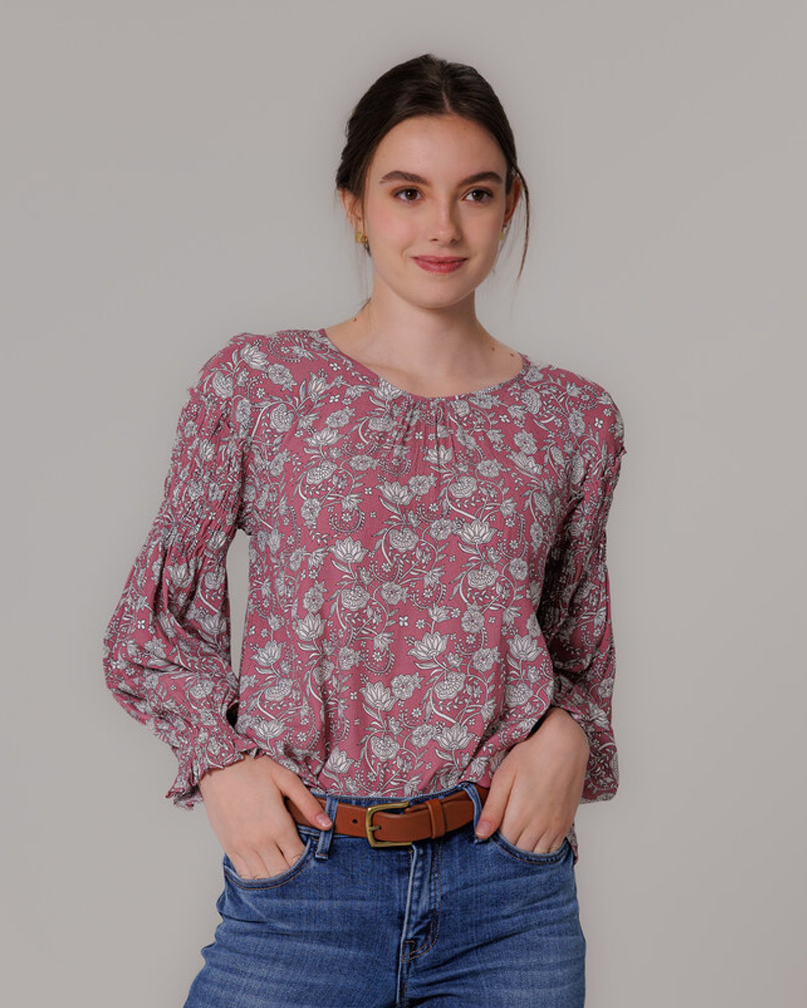 Doen Purple shops Brown Floral Ruffle Long Sleeve Mock Neck Blouse