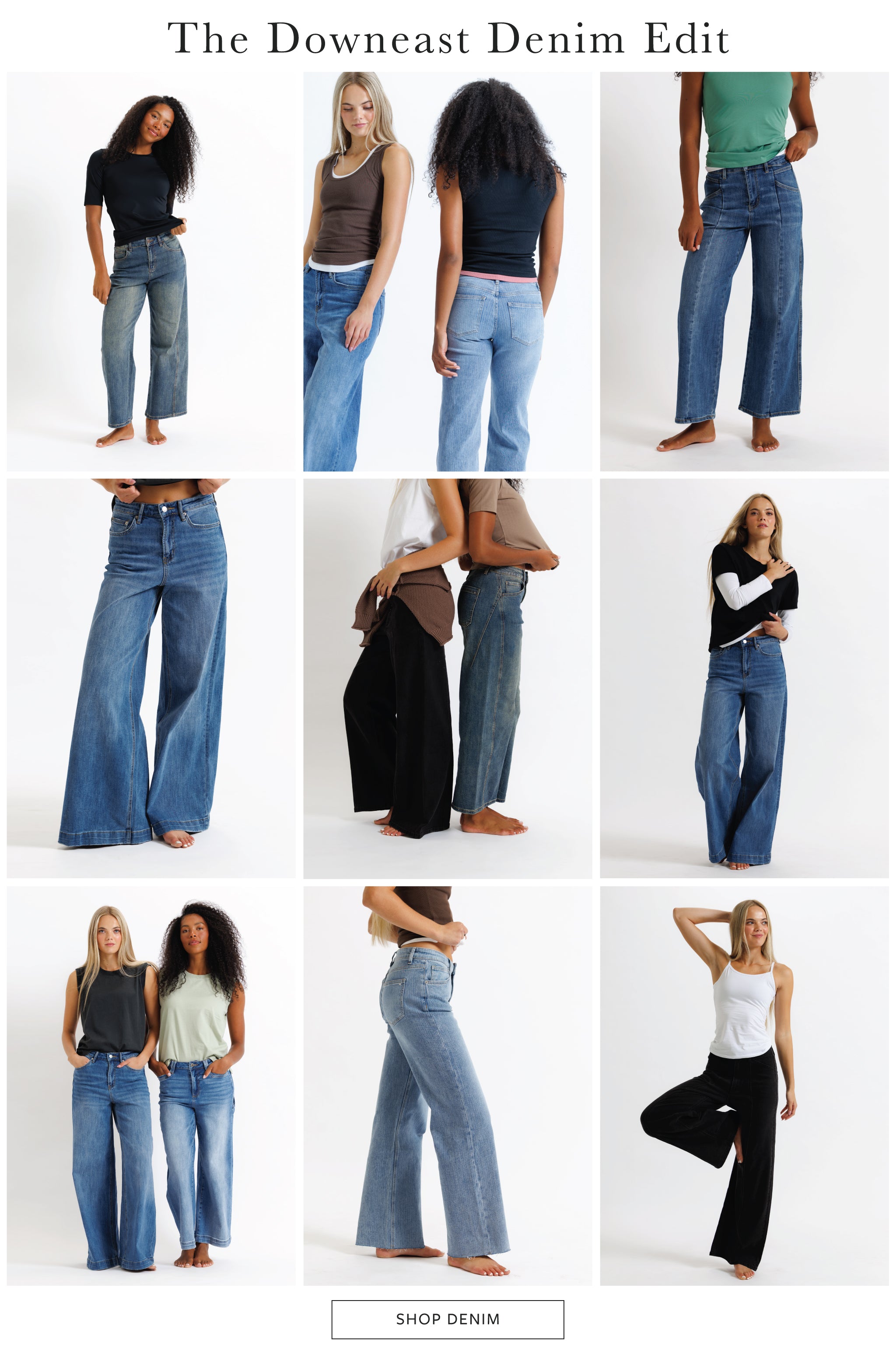 A collage titled 'The Downcast Denim Edit' showing multiple models wearing wide-leg blue denim jeans in different poses and styling, with a 'SHOP DENIM' button at the bottom.