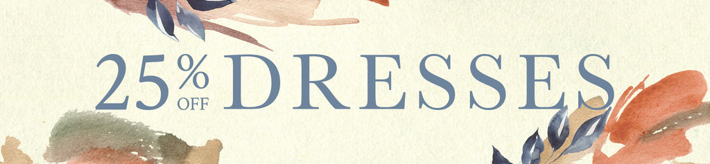 Promotional banner with '25% off dresses' text and floral designs on a beige background