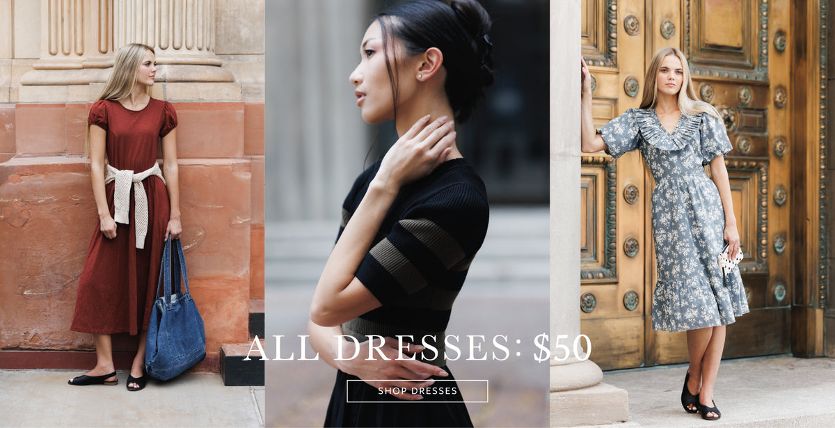 A three-panel collage showing women modeling dresses in outdoor architectural settings. The left panel shows a woman in a rust-red dress with a white belt and blue tote bag.