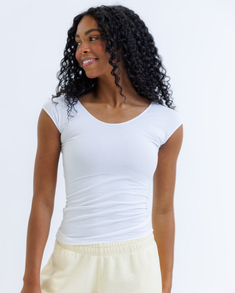 Woman wearing a white layering top with yellow sweatpants on a white background