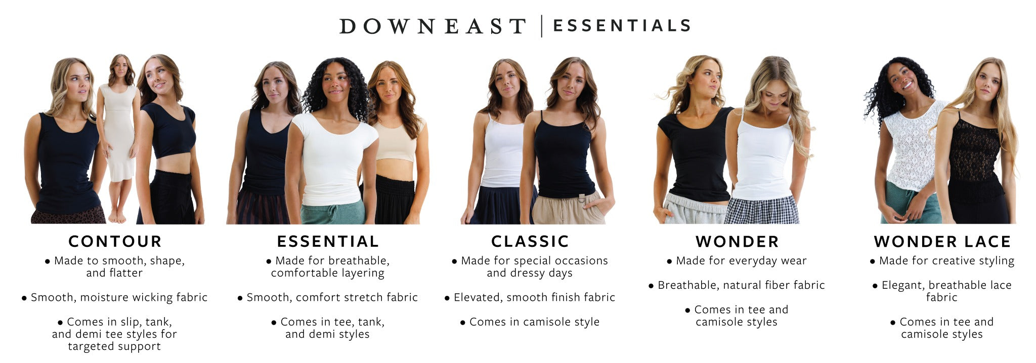 Promotional image of Downeast Essentials women's clothing with descriptions of various styles.