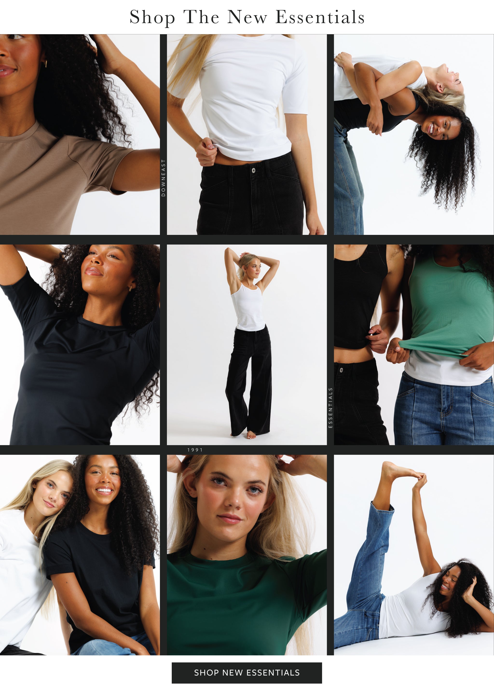 A 3x3 collage of models wearing different color and style of basic t-shirts, with text at the top and bottom reading 'Shop The New Essentials' and 'SHOP NEW ESSENTIALS'.