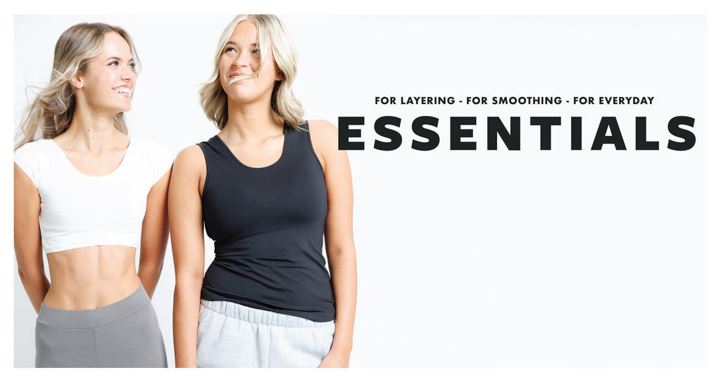 Two women wearing athletic wear with 'ESSENTIALS' text on a white background