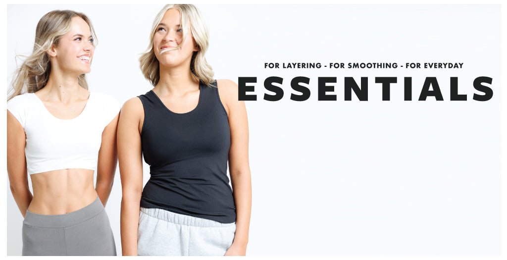 Two women wearing athletic wear with text about clothing features on a white background