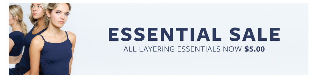 Promotional banner for essential sale with a woman in a blue tank top and text on a light gray background - $5 Essentials