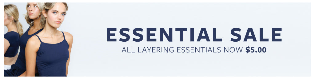 Promotional banner for essential sale with a woman in a blue tank top and text on a light gray background - $5 Essentials