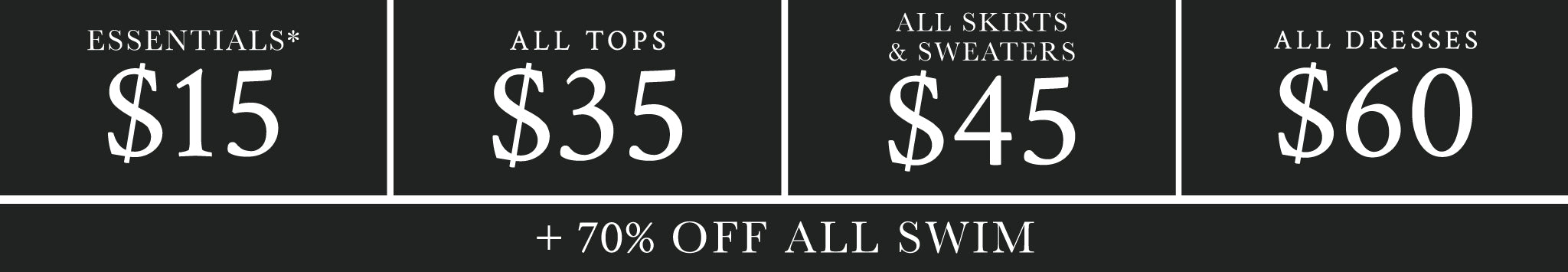 Price labels for clothing items with discounts on a black background