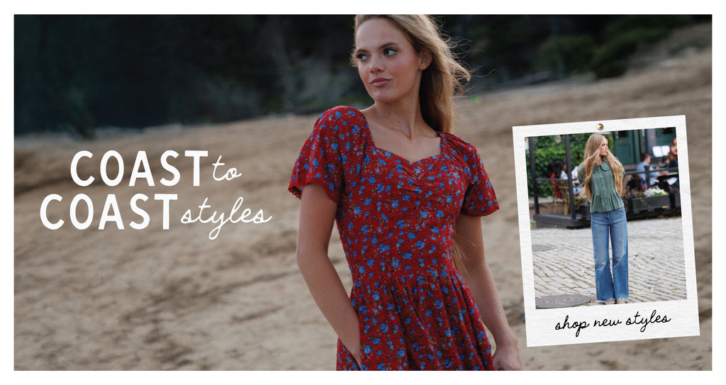 Woman in a red patterned dress with 'Coast to Coast Styles' text and inset photo.