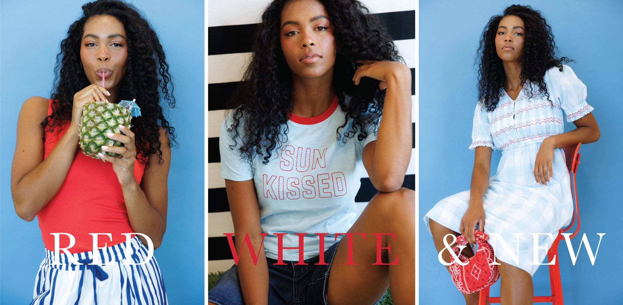 Three images of a woman in different outfits with text overlay on a blue background