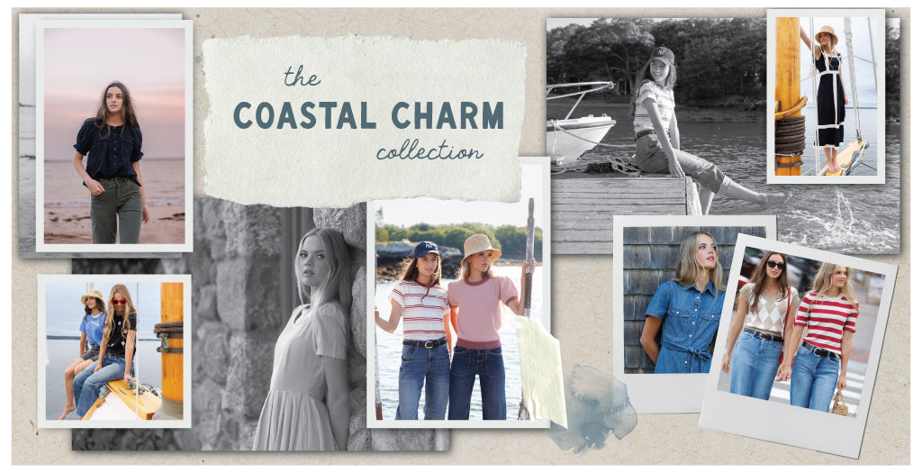 Collage of people by the water with 'Coastal Charm' collection text overlay.