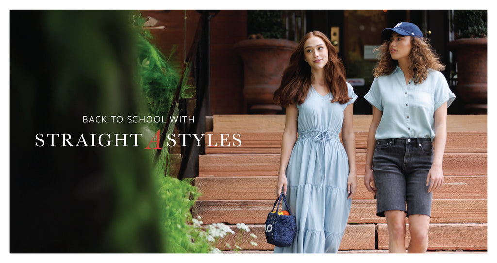 Two women standing on steps with text 'Back to School with Straight A Styles' displayed.