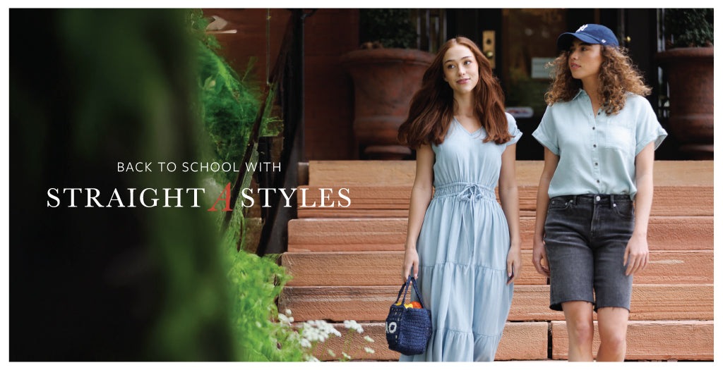 Two women standing on steps with text 'Back to School with Straight A Styles' displayed.