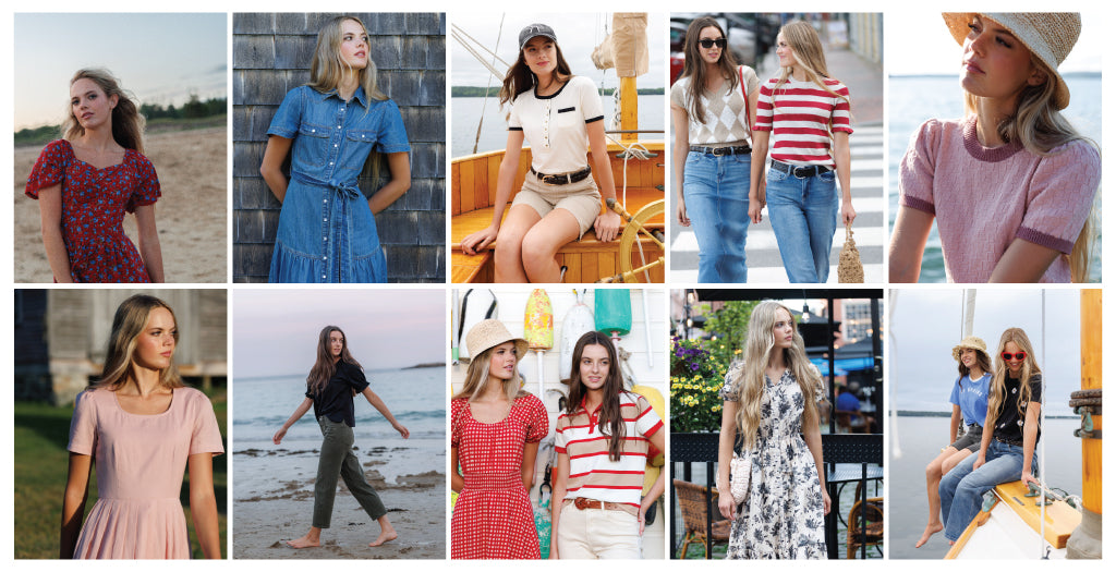 Grid of women wearing various outfits in different settings