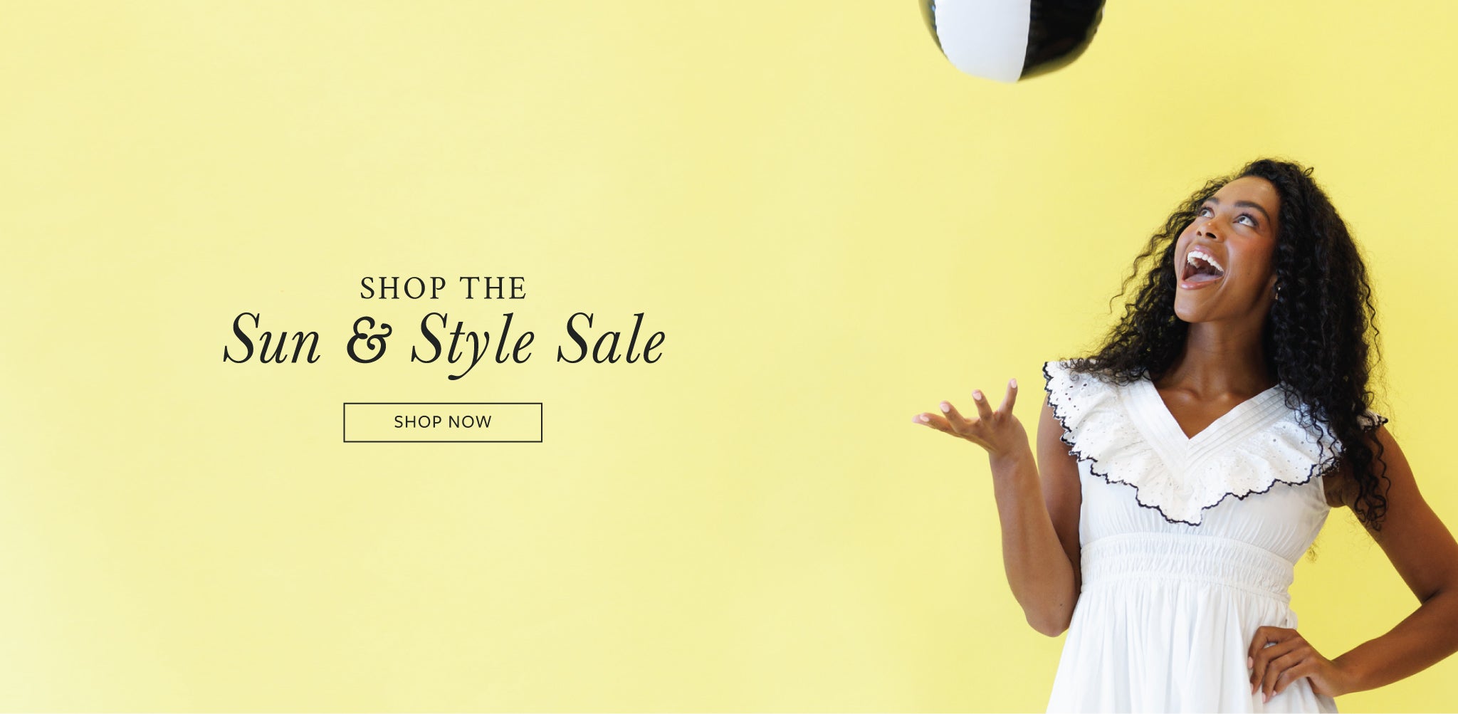 Woman in a white dress against a yellow background with text promoting a sale.