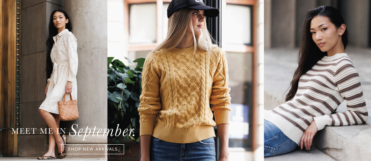 A three-panel collage showing women modeling different apparel items in an urban setting. The left panel shows a woman in a white dress holding a woven bag, with text reading 'MEET ME IN September SHOP NEW ARRIVALS.