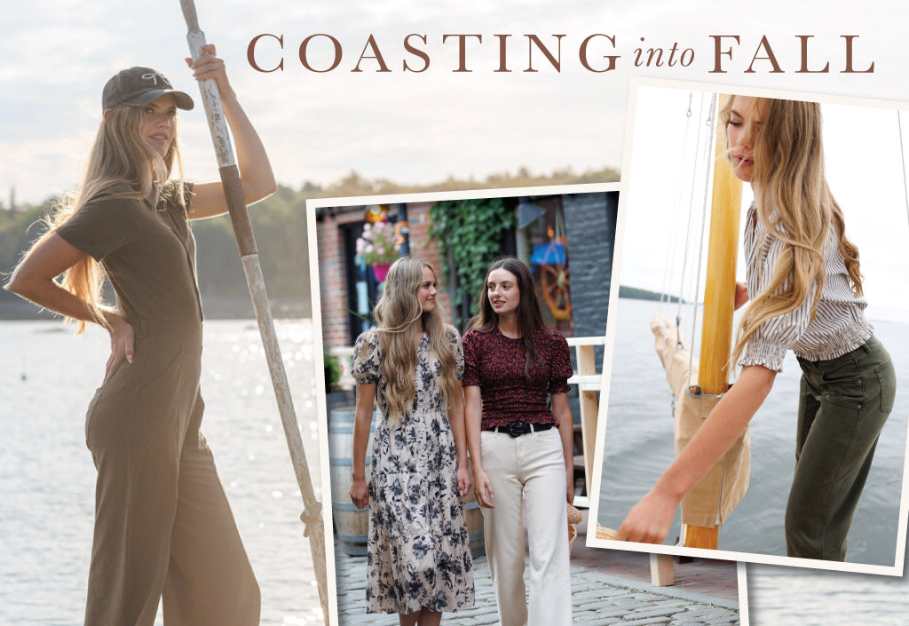 Woman in a long dress holding a paddle with text 'Coasting into Fall' on a scenic background.