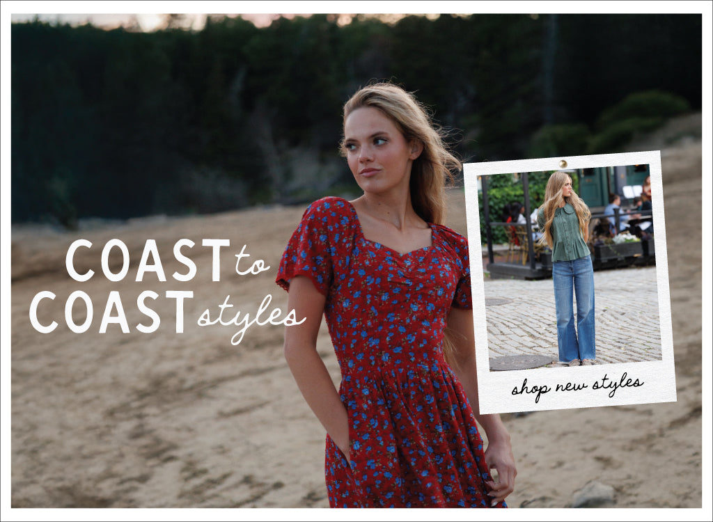 Woman in a red dress standing on a beach with promotional text overlay.