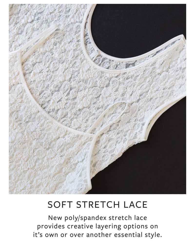 Flat lay of lace fabric on a white surface with text describing stretch lace material.