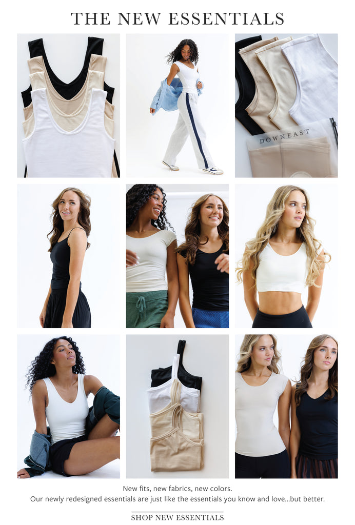 Collage of women wearing various outfits with text 'The New Essentials' and promotional message.