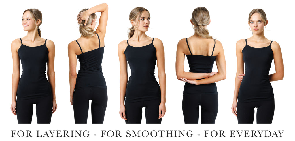 Woman modeling a black layering cami from different angles on a white background. Bottom text says "For Layering - For Smoothing - For Everyday"