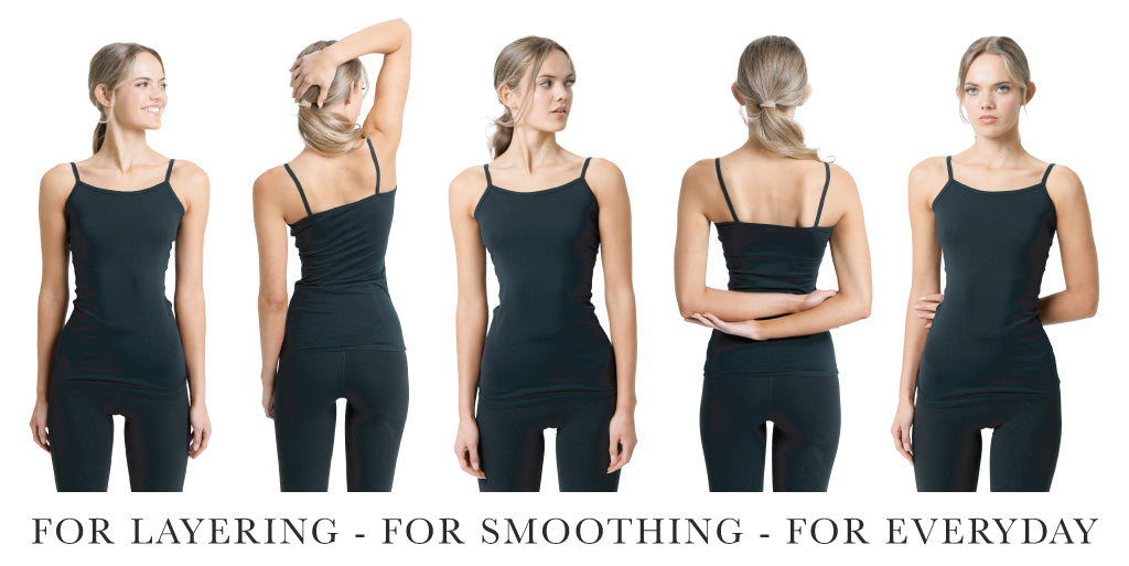 Woman modeling a black layering cami from different angles on a white background. Bottom text says "For Layering - For Smoothing - For Everyday"