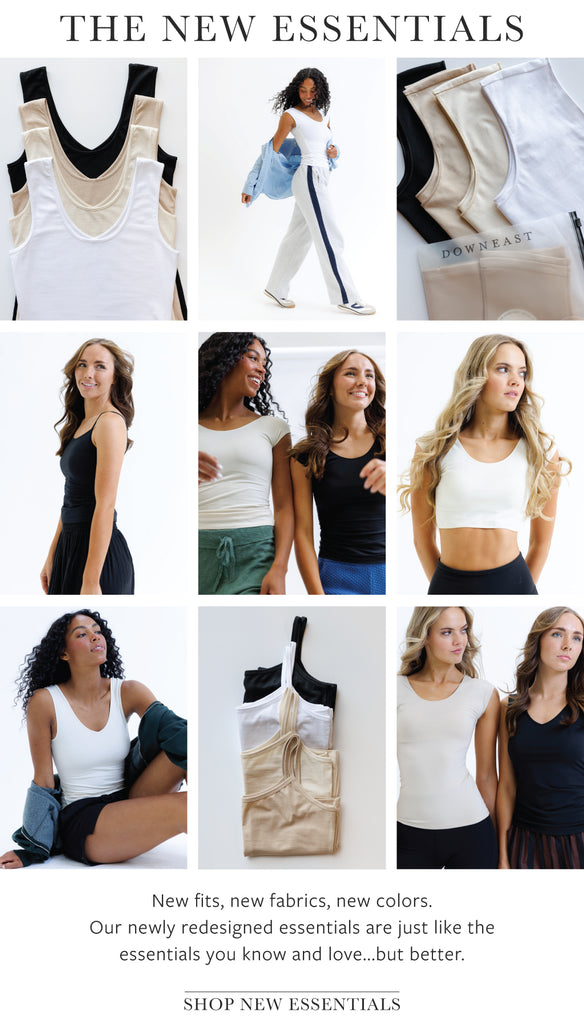 Collage of women wearing various outfits with text 'The New Essentials' and promotional message.