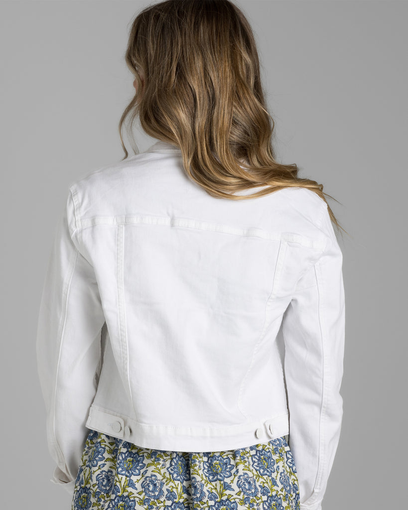 Model wearing a white denim long sleeve jacket.
