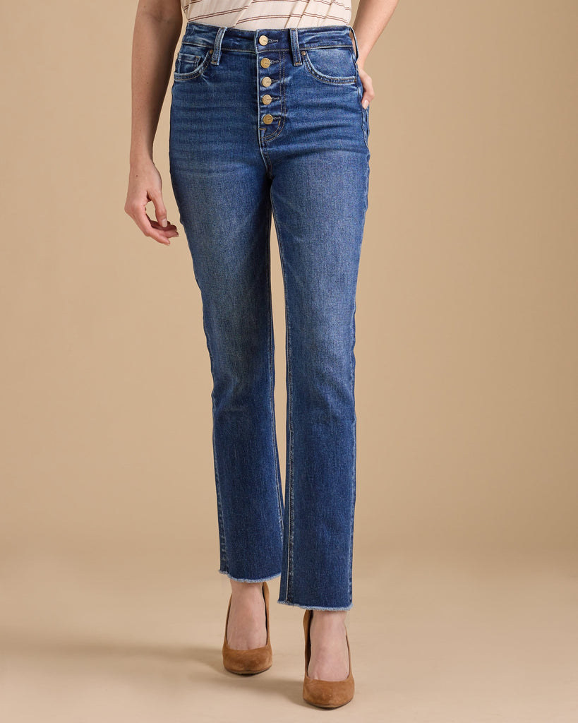 Woman in blue hi-rise straight jeans