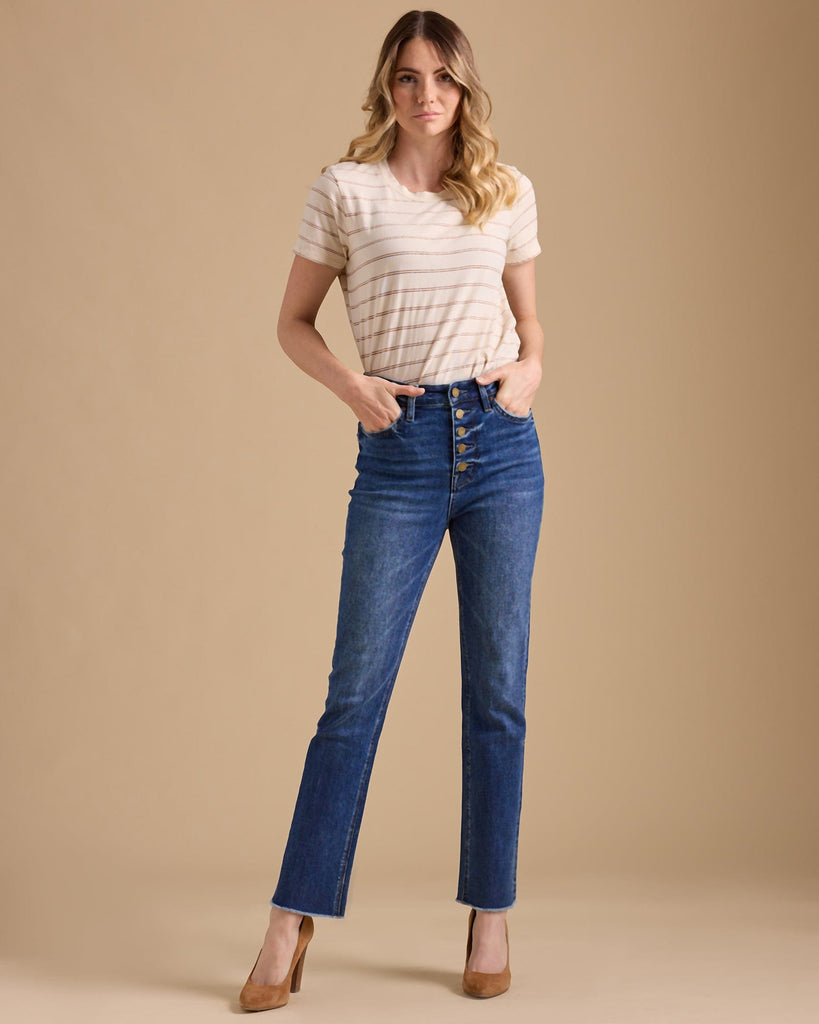 Woman in blue hi-rise straight jeans