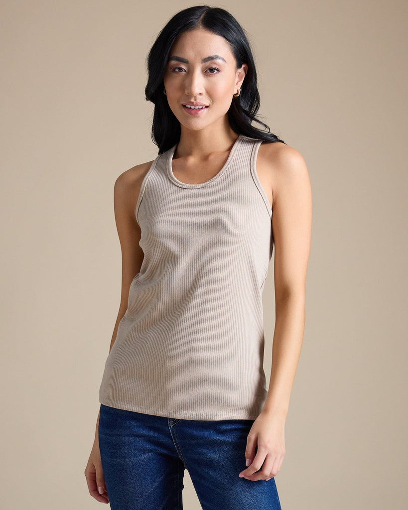 Woman in a tan sleeveless ribbed tank