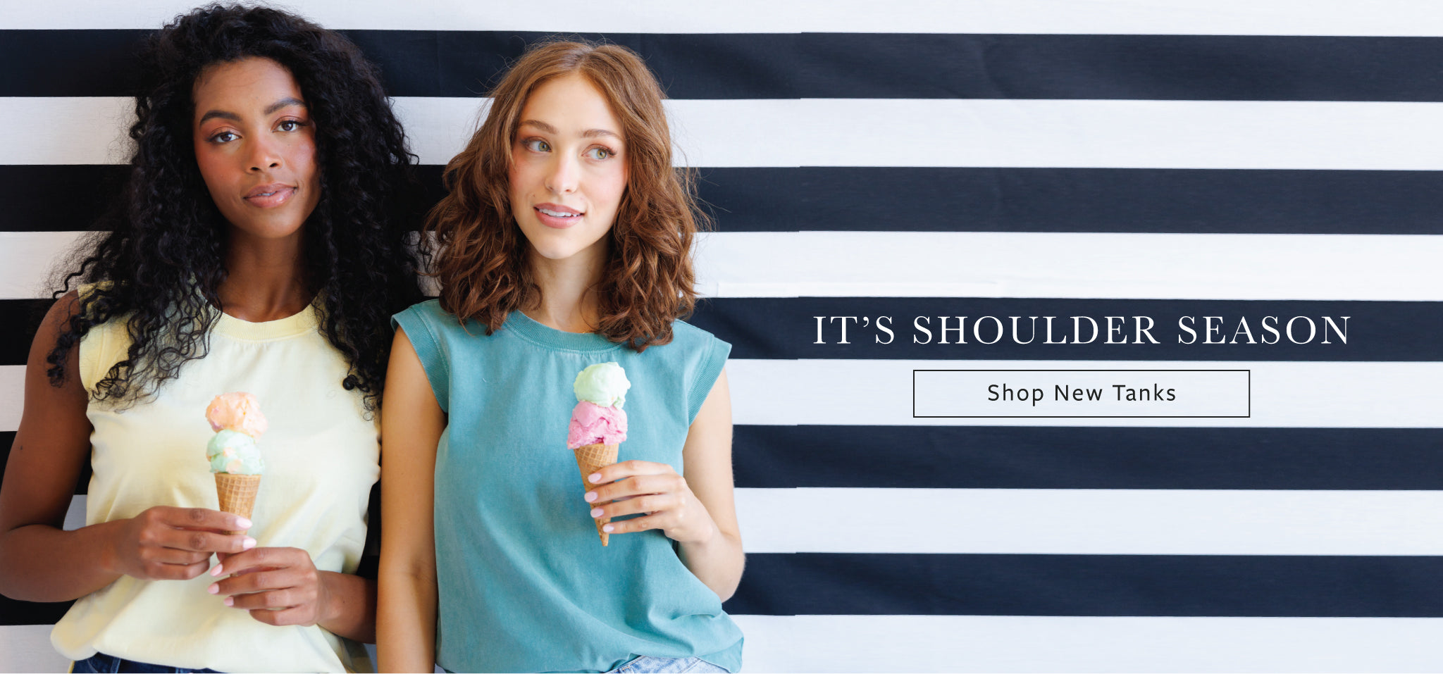 Two women holding ice cream cones in front of a striped background with promotional text.