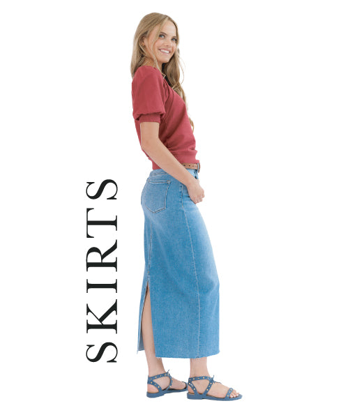 Woman wearing a blue denim skirt with a red top on a white background, with 'SKIRTS' text.