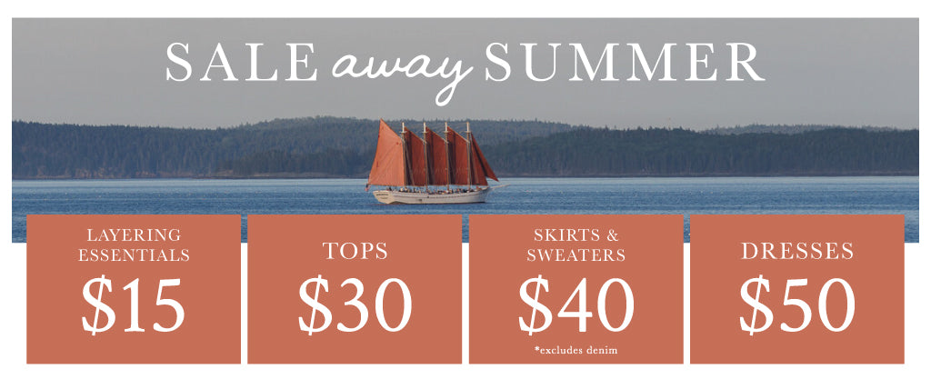 Summer sale advertisement with sailboat and clothing categories on a gray background
