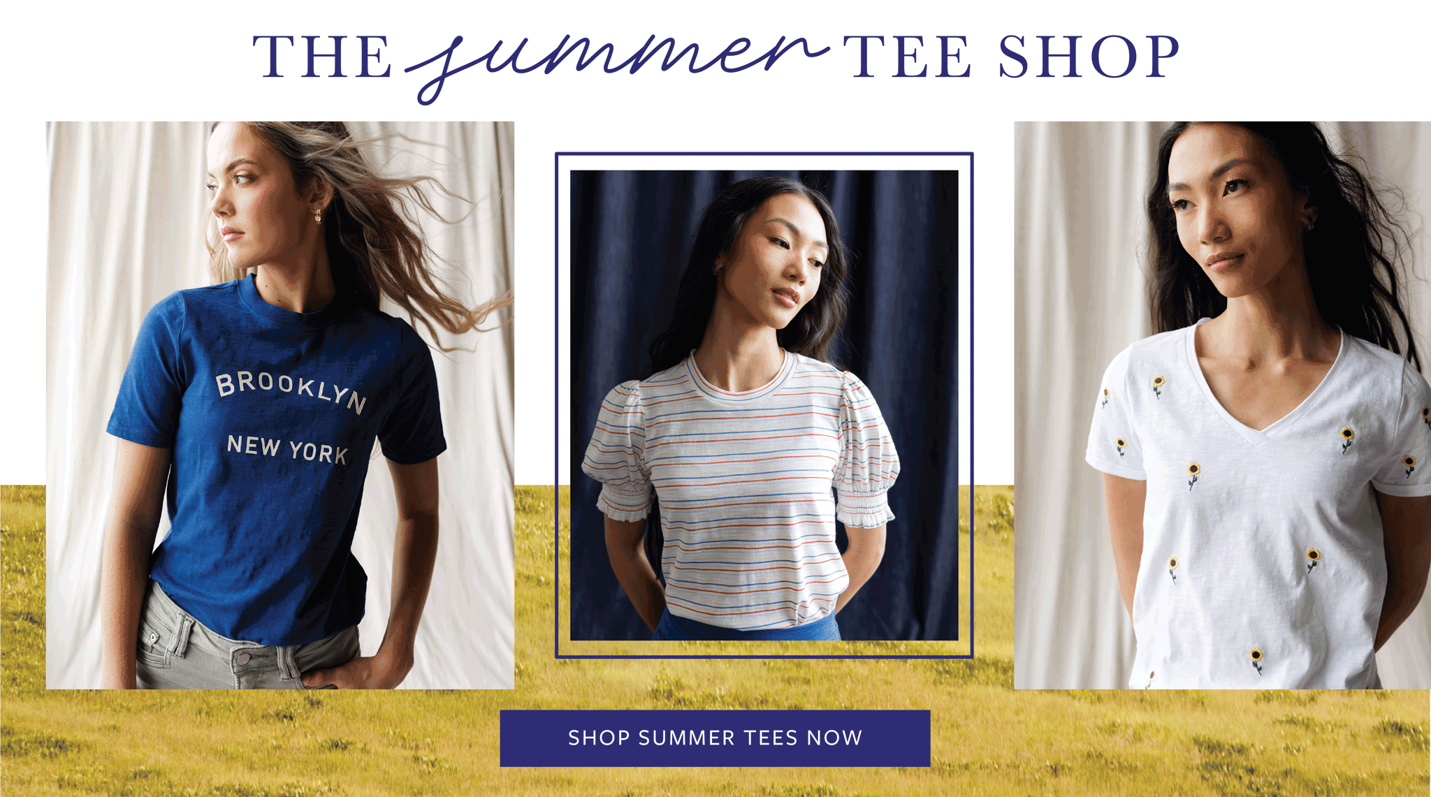 Gif of images of women wearing tees with text saying "the summer tee shop"
