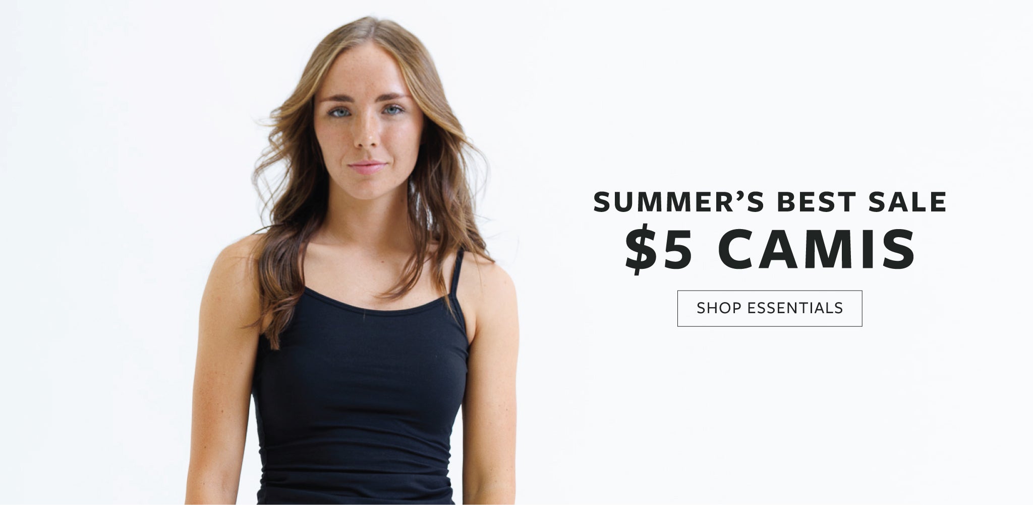 Woman wearing a black tank top with text promoting a summer sale on camis.