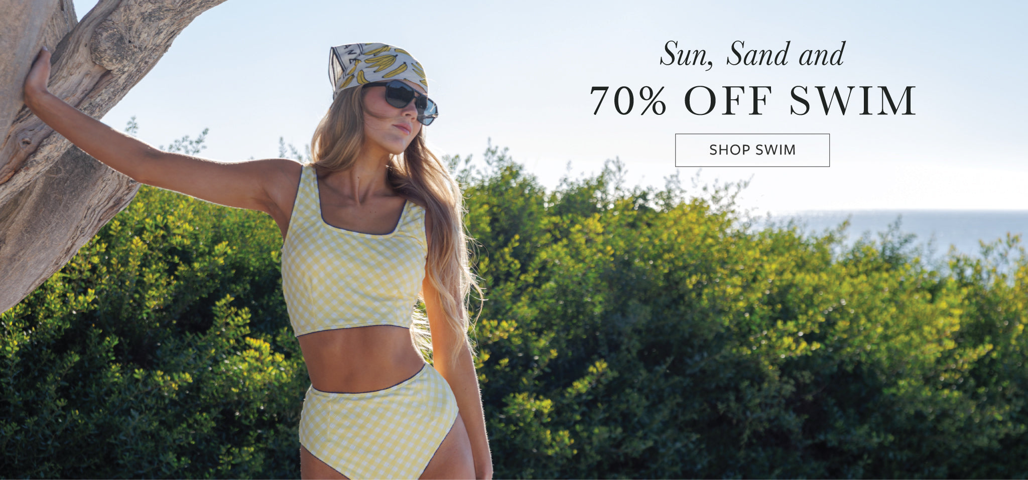 Woman in a yellow swimsuit standing outdoors with promotional text overlay.