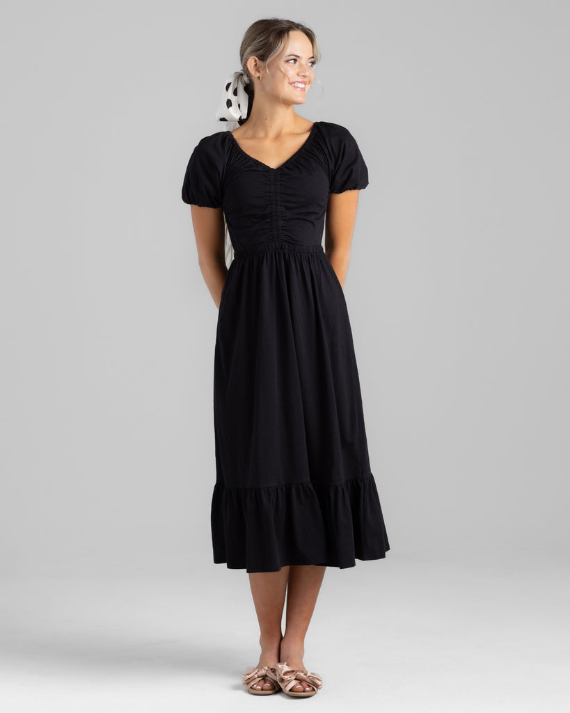 Model wearing a black short sleeve v-neck midi-length knit dress.