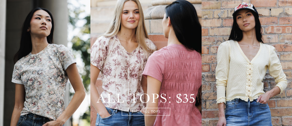 A three-panel collage showing women modeling short-sleeve tops in different settings. The left panel shows a woman wearing a light floral short-sleeve top with jeans.
