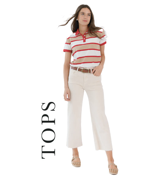 Woman wearing a red and white striped polo shirt and white pants on a white background with 'TOPS' text.