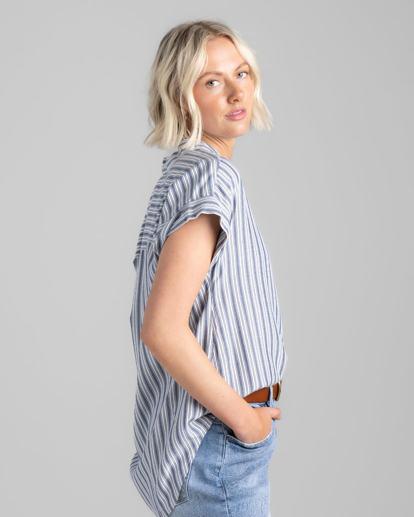 Model wearing a blue vertical striped short sleeve collared buttondown.