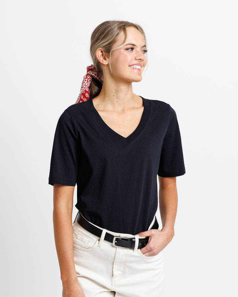 Model wearing a black short sleeve v-neck basic tee.